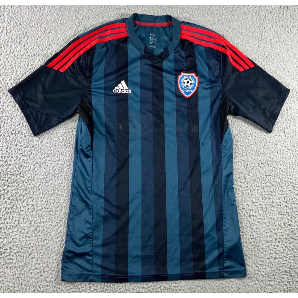 Adidas Soccer Jersey Men M Navy Teal Red Striped Climalite V-Neck Blokecore y2k